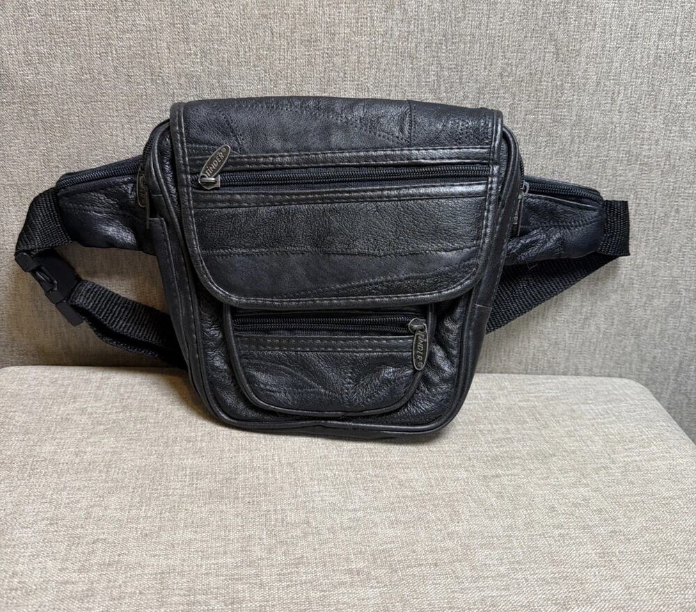 Tinder Leather Patchwork Black Large Waist Bag Hip Fanny Pack Travel VTG 80s